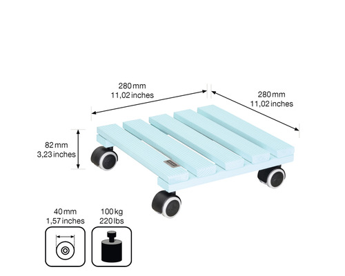Blumenroller aus Holz mit Rollen und Maßangaben