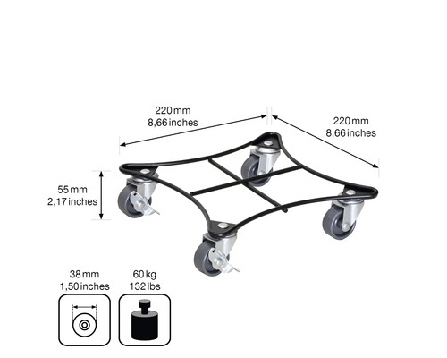 Pflanzenroller mit Rollen und Maßangaben