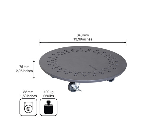 Runde Pflanzenroller mit Rollen und technischen Details.