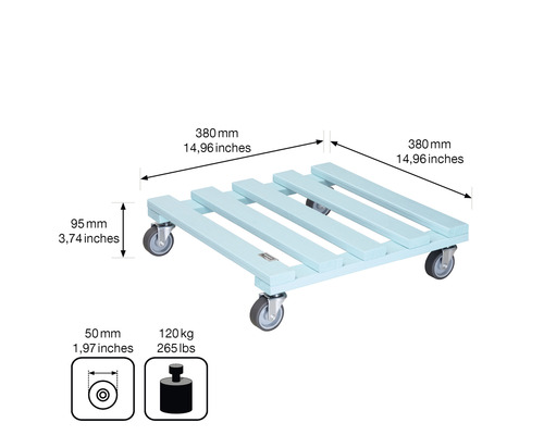 Pflanzenroller aus Holz mit vier Rollen und Maßangaben