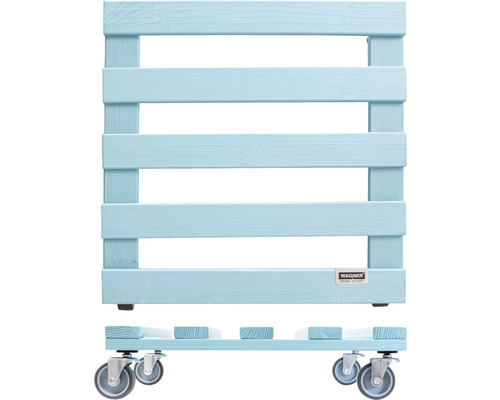 Blau lackierter Rollwagen aus Holz mit vier Rollen