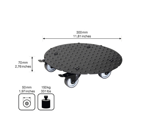 Rollbrett mit einer Traglast von 150 Kilogramm und einem Durchmesser von 300 Millimetern