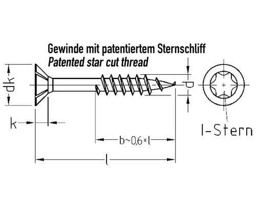 Technische Zeichnung einer Schraube mit patentiertem Sternschliff