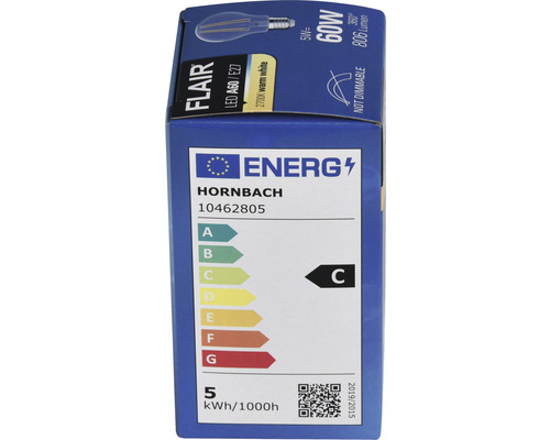 Verpackung einer Flair LED Lampe A60 E27 mit 5 Watt, 60 Watt Entsprechung, 2700 Kelvin warmweiß und Energieeffizienzklasse C