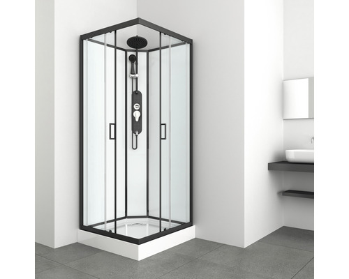 Eckdusche mit schwarzem Rahmen und Duschpaneel
