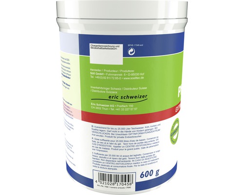 Informationen und Herstellerangaben auf einer Verpackung für Teichwasserpflegeprodukte