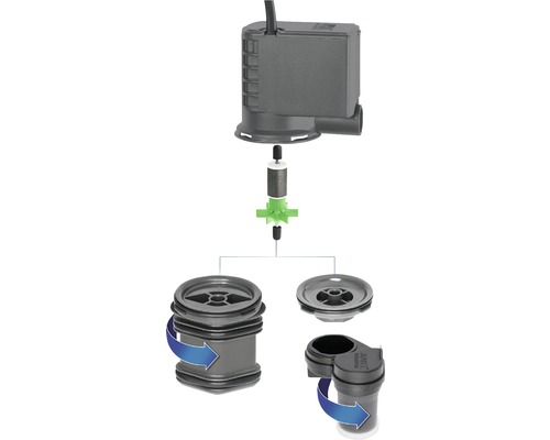 Explosionszeichnung einer Aquariumpumpe mit Einzelteilen