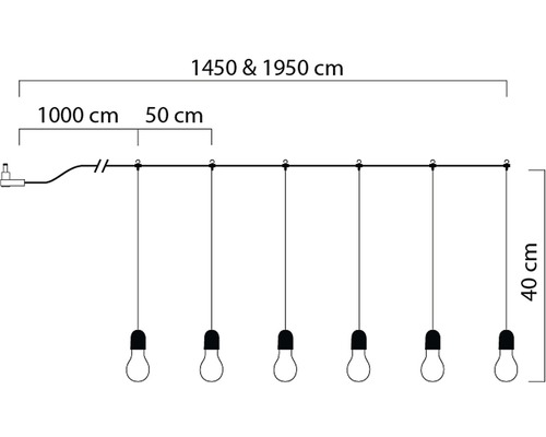 Abbildung einer Glühbirnen-Lichterkette mit Maßangaben