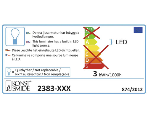 Energielabel mit Informationen zur eingebauten LED Lichtquelle und zum Stromverbrauch