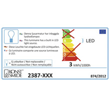 Energielabel für Leuchte mit eingebauten LED-Lichtquellen und einem Energieverbrauch von 3 kWh pro 1000 Stunden