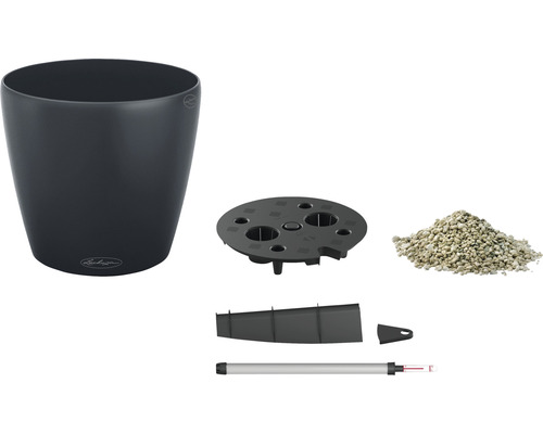 Komponenten eines Blumentopfes mit Bewässerungssystem, bestehend aus Topf, Einsatz, Substrat, Wasserstandsanzeiger und Füllschacht