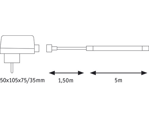 Zeichnung einer Stromversorgung mit einer Kabellänge von 5 Metern und einer Zuleitung von 1,5 Metern sowie den Maßen 50x105x75/35 Millimeter.