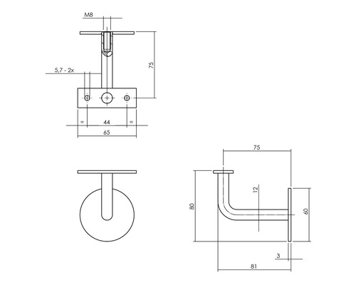 Technische Zeichnung eines Geländerhalters mit Maßangaben