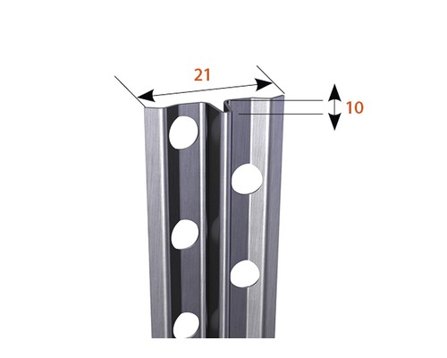 Detailansicht eines Metallprofils mit Lochung und Maßangaben 21 und 10.