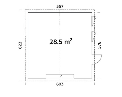 Grundriss mit Maßangaben für ein Gartenhaus mit einer Fläche von 28,5 Quadratmetern