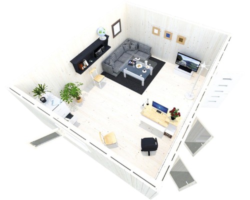 Innenansicht eines Gartenhauses mit Wohnbereich und Arbeitsplatz