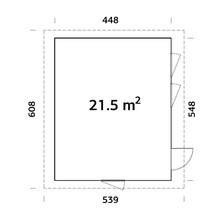 Grundriss eines Gartenhauses mit den Maßen 448 x 539 x 608 x 548 Zentimeter und einer Fläche von 21,5 Quadratmetern