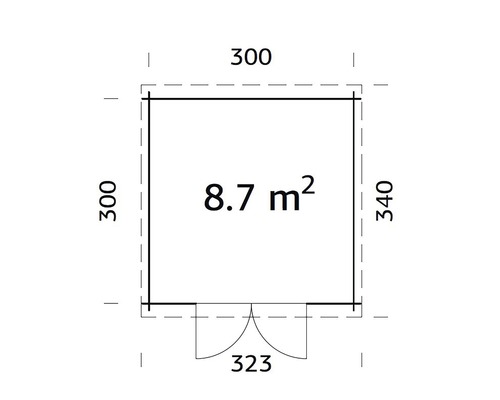 Grundrisszeichnung eines Gartenhauses mit Größenangaben.