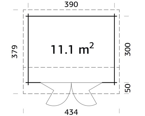 Grundriss mit den Maßen 390, 379, 300, 50 und 434 sowie der Angabe 11,1 Quadratmeter