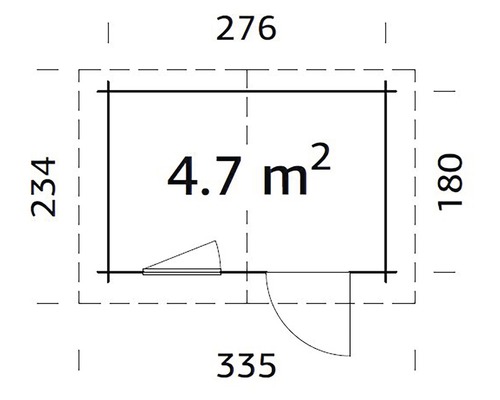 Grundriss eines Gartenhauses mit Tür, Fenster und Maßangaben