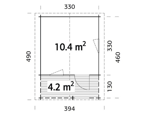 Grundrisszeichnung eines Gartenhauses mit Größenangaben.