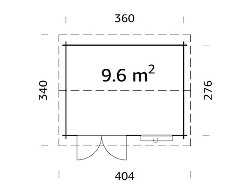 Grundrisszeichnung eines Gartenhauses mit den Maßen 360 mal 404 Zentimeter und einer Fläche von 9,6 Quadratmetern
