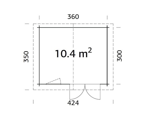 Grundrisszeichnung eines Gartenhauses mit den Maßen 360 mal 350 mal 300 und 424 Zentimeter, mit einer Fläche von 10,4 Quadratmetern