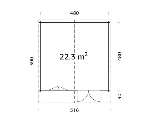 Grundriss eines Gartenhauses mit den Maßen 516 x 590 Zentimeter und einer Fläche von 22.3 Quadratmetern