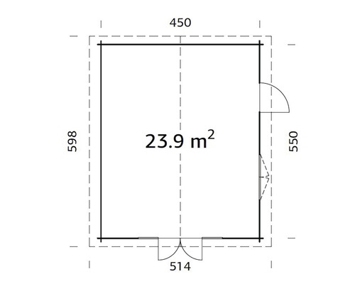 Grundrisszeichnung eines Gartenhauses mit den Maßen 450, 598, 550 und 514 sowie einer Fläche von 23,9 Quadratmetern