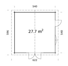Grundriss eines Gartenhauses mit den Maßen 540 x 596 cm und einer Fläche von 27.7 m².