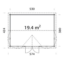 Grundrisszeichnung eines Gartenhauses mit Maßangaben