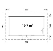 Grundrisszeichnung eines Gartenhauses mit Maßangaben