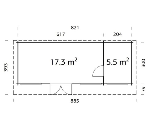 Grundrisszeichnung eines Gartenhauses mit Größenangaben