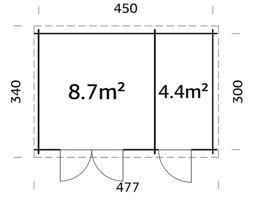 Grundriss eines Gartenhauses mit den Maßen 450 mal 340 Zentimeter und einer Fläche von 8,7 Quadratmetern plus 4,4 Quadratmetern