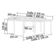 Abmessungen eines Carports mit Angaben zu Höhe, Breite und Tiefe in Zentimetern.