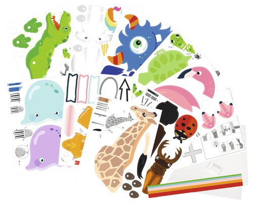 Blätter mit Motiven zum Basteln von Tieren, darunter Dinosaurier, Giraffe und Käfer
