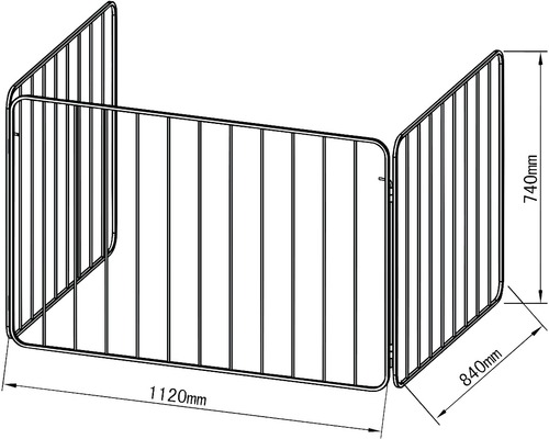 Skizze eines dreiteiligen Kaminschutzgitters mit Maßangaben
