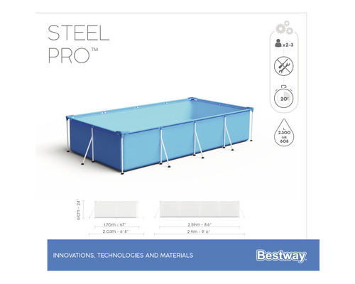 Rechteckiger Stahlrahmenpool Steel Pro mit den Maßen und der Füllmenge von Bestway