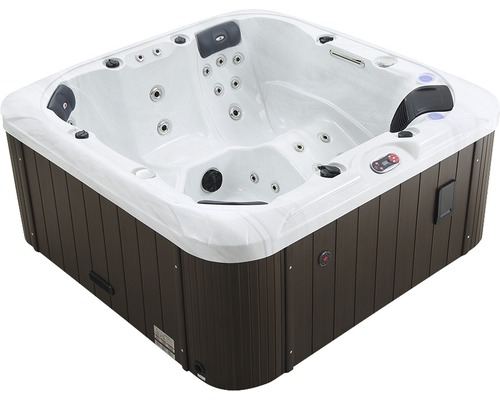 Quadratischer Whirlpool mit Düsen und brauner Verkleidung