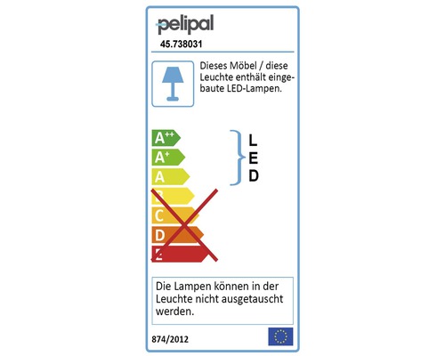 Energielabel für Leuchte mit eingebauten LED Lampen, die nicht ausgetauscht werden können.
