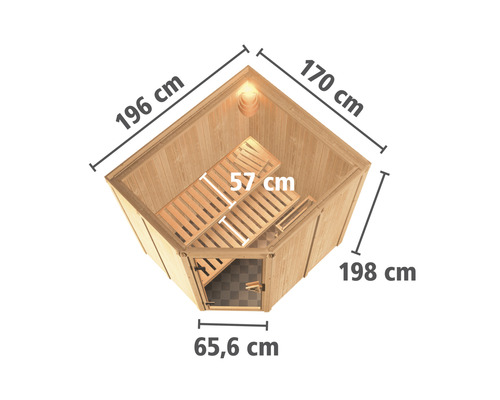 Draufsicht einer Ecksauna mit den Maßen 196 cm, 170 cm, 198 cm und 65,6 cm, inklusive 57 cm Liegefläche