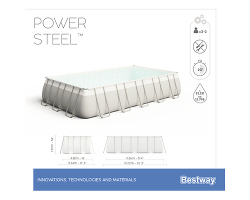 Bestway Power Steel Framepool mit den Maßen 4,88 Meter mal 9,56 Meter und einer Höhe von 1,32 Meter