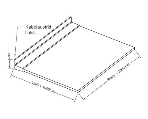 Technische Zeichnung einer Tischplatte mit Kabelauslass links, 1000 mm tief und 2000 mm breit.