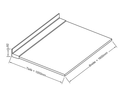 Zeichnung einer Duschplatte mit den Maßen 1600 mm Breite und 1000 mm Tiefe