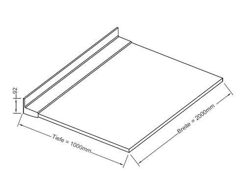 Skizze einer Anlaufbohle mit den Maßen 2000 mm Breite, 1000 mm Tiefe und 92 mm Höhe