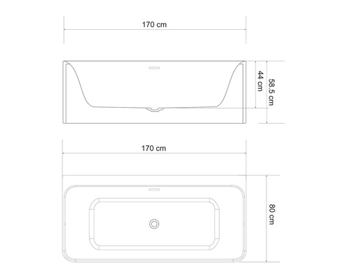 Technische Zeichnung einer Badewanne mit Maßangaben