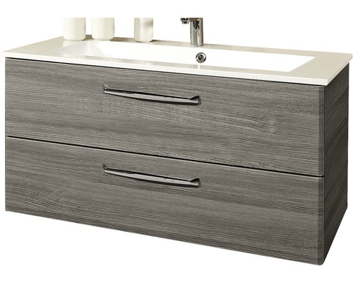 Waschtischunterschrank mit zwei Schubladen, Holzdekor und Aufsatzwaschbecken