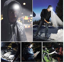 Mehrere Personen, die eine LED-Stirnlampe für verschiedene Aktivitäten verwenden, beispielsweise Schneeräumen, Fahrradreparatur und Autowartung.