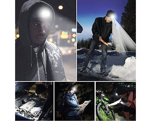 Mehrere Personen, die eine LED-Stirnlampe für verschiedene Aktivitäten verwenden, beispielsweise Schneeräumen, Fahrradreparatur und Autowartung.