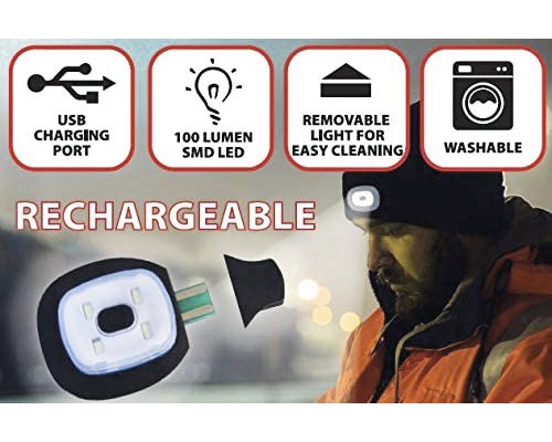 Wiederaufladbare Mütze mit USB-Ladeanschluss, 100 Lumen SMD LED, abnehmbarer Leuchte zur einfachen Reinigung, waschbar
